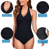 1 x RAW Customer Returns Women s Tummy Control One Piece Swimsuit Slimming Swimwear V-Neck, Removable Inner Pads for Tummy Control Sports Swimsuit Backless Ruched Swimwear Black, XL  - RRP €21.84