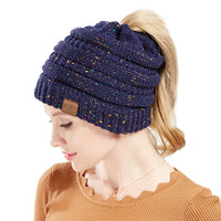 4 x Brand New Yixda Unisex Winter Hat Messy High Bun Ponytail Slouch Beanie Hat Navy  - RRP €60.48