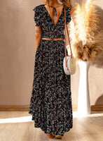 1 x RAW Customer Returns Dokotoo Boho Dress Women Summer Elegant V-Neck Tops High Waist Tunic Maxi Dresses Floral Ruffles Cap Sleeve Wrap Chiffon Long 2-Piece Skirt Set Black 2XL - RRP €35.28