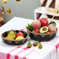 6 x Brand New JAZUIHA Set of 2 black fruit bowls, fruit basket in country house style, decorative bowl for kitchen, living room, dining table, metal decorative bowl, table decoration with jute ornaments, decorative plate for fruit, - RRP €150.06