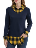 1 x RAW Customer Returns DJT FASHION Women s 2-in-1 Checked Casual Blouse Long Sleeve Shirt Navy - Yellow Plaid XL - RRP €22.99