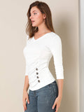 1 x Brand New Allegra K Women s V Neck 3 4 Sleeves Solid Knit Button Decor Ribbed Top White 3XL - RRP €29.99