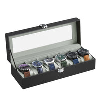 1 x RAW Customer Returns SONGMICS 6-Seater Watch Stand, Watch Box, Glass Lid, Removable Cushions, Metal Closure, Gift Idea, Black PU Surface, Greenish Gray Interior JWB06BK - RRP €16.99