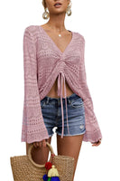 1 x RAW Customer Returns Saodimallsu Women s Sweater Flowy Oversized Long Sleeve Spring Summer Knitted Pullover V-Neck Crochet Sexy Tops Pink - RRP €31.24