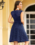 1 x RAW Customer Returns Meetjen Women s Formal Cocktail Dress Elegant Evening Dress Wedding Dress Knee Length Bridesmaid Midi Lace Dresses Navy L - RRP €42.31