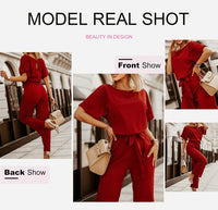 1 x Brand New Dokotoo Women s Short Sleeve Long Jumpsuit Elegant Overall Jumpsuit O-Neck Playsuit Backless Sexy Trousers with Belt Red L - RRP €49.99