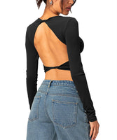 1 x RAW Customer Returns Navneet Women s Crop Tops Long Sleeve Shirt Backless Top Crop Y2K Top Backless Basic Long Sleeve T-Shirt Cut Out Tops Black XS - RRP €19.99