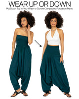 1 x RAW Customer Returns Jumpsuit women summer - versatile 2-in-1 one-piece made of cotton - overall turns into harem pants when pulled down - with long legs, pockets elastic cuffs at the waist and ankles Green Blue - RRP €32.59