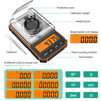 1 x RAW Customer Returns ORIA Digital Fine Scales 0.001g, Milligram Scales 50g 0.001g, Precise Pocket Scales with LCD Display, Lab Digital Scales, Portable Mini Scales with Weighing Tray, Calibration Weights and Tweezers - Orange - RRP €22.4