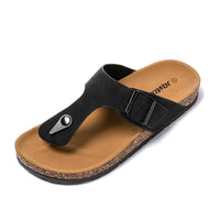 1 x RAW Customer Returns JOMIX Summer Sandals Men s Faux Leather Toe Separator Soft Cork Footbed Slippers Flat Flip Flops Beach Shoes Sea Beach Outdoor Black, 42 EU  - RRP €29.2