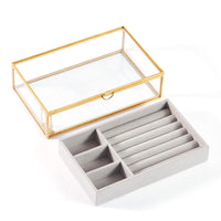 1 x RAW Customer Returns HCENJOC Golden Vintage Clear Glass Jewelry Box with Gray Velvet Organizer 21 x 13.5 x 5 cm  - RRP €39.26