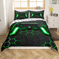 1 x RAW Customer Returns Geometric Gamer Duvet Cover Set Neon Light Geometric Comforter Cover Honeycomb Gamepad Gaming Bedding Sets for Kids Teen Boys Beehive Hexagon Duvet Cover 2 Pieces 135x200 Grey Green - RRP €30.24