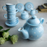 1 x Brand New City to Cottage - Ceramic tea set for 4 Light blue and white Polka dots Handmade Ceramic teapot 1.7 liters, milk jug, sugar bowl, 4 teacups with saucers - RRP €151.21