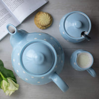 1 x Brand New City to Cottage - Ceramic tea set for 4 Light blue and white Polka dots Handmade Ceramic teapot 1.7 liters, milk jug, sugar bowl, 4 teacups with saucers - RRP €151.21