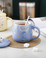 1 x RAW Customer Returns Ceramic Cat Coffee Mug with Lid and Spoon, Coffee Mug, Tea Mug, Water Mug 450ml, Cute Cat Decoration, Gift for Mother, Girlfriend, Christmas, Birthday Gift. Blue  - RRP €15.98