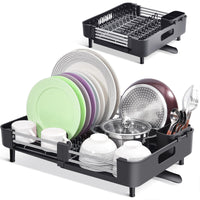 1 x RAW Customer Returns Urackify Dish Drainer, Expandable Dish Rack, Foldable Stainless Steel Dish Drainer with Removable Cutlery Holder, Scratch-Resistant Plate Rack and Swivel Drainage Spout, Black - RRP €39.99