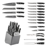 1 x RAW Customer Returns NANFANG BROTHERS Damascus Kitchen Knife Set with Hammered Handles and Wooden Block, 18 Piece Superior Damascus Steel Knife Blades Sharp Damascus Chef Knife - RRP €332.72