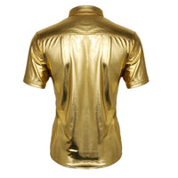 1 x RAW Customer Returns Cusfull Men s Shirt Metallic Shiny Short Sleeve Shirt Glitter Slim Fit Costume for Nightclub Party Dancing Disco Halloween Cosplay L, Gold  - RRP €26.99