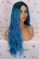 1 x RAW Customer Returns Wig Blue Long for Women Ombre blue Wigs Middle Part Wavy Curls Cosplay Wig Synthetic for Halloween Party Carnival Natural Wig - RRP €25.7