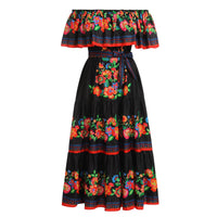 1 x RAW Customer Returns Women s Mexican Dress Off Shoulder Floral Print Dress A-Line Long Maxi Summer Dress Boho Beach Holiday Dress Fancy Day of the Dead Halloween Carnival Dress Up Black XL - RRP €36.8