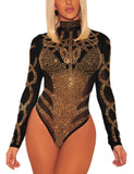 1 x RAW Customer Returns SEBOWEL Women s Sexy Rhinestone Mesh Body Club Party Long Sleeve Bodysuit Blouse Tops, 7 Black Gold, S - RRP €31.22