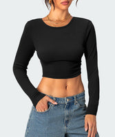 1 x RAW Customer Returns Navneet Women s Crop Tops Long Sleeve Shirt Backless Top Crop Y2K Top Backless Basic Long Sleeve T-Shirt Cut Out Tops Black XS - RRP €19.99