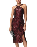 3 x Brand New Belle Poque women s sequin dress halter neck glitter sheath dress bodycon festive evening dress sleeveless party dress wedding wine red XL - RRP €112.35