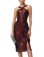 1 x Brand New Belle Poque women s sequin dress halter neck glitter sheath dress bodycon festive evening dress sleeveless party dress wedding wine red XL - RRP €37.45