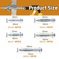 6 x RAW Customer Returns HSEAMALL 70pcs Heavy Duty Metal Anchors for Hollow Plasterboards M4 x 38mm, M5 x 37mm, M5 x 52mm, M6 x 52mm, M6 x 65mm - RRP €116.52