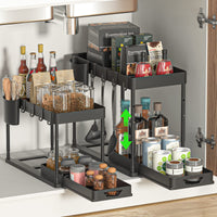 1 x RAW Customer Returns SKYSER Under Sink Shelf Kitchen Organizer 2-Tier Drawer Organizer Liftable Cabinet Organizer Kitchen, with 4 Hooks, 8 Non-Slip Pads 1 Hanging Cup Storage 2 Pack Black  - RRP €35.4