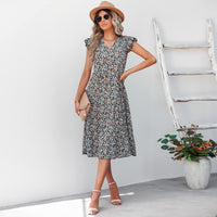 1 x RAW Customer Returns Jiraewh Women s Summer Dresses Cap Sleeves Floral V-Neck High Waist Casual Midi Dresses Bohemian Beach Party Dresses 5070-BKM  - RRP €20.16