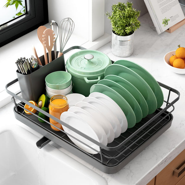 1 x RAW Customer Returns Kitsure Dish Drying Rack, Space Saving Dish Rack, Dish Rack for Kitchen Counter, Durable Stainless Steel Kitchen Drying Rack with Cutlery Holder, Gray - RRP €22.18