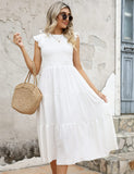 1 x RAW Customer Returns Yuson Girl Dress Women s Summer Dress Long Casual Round Neck Flutter Sleeve Maxi Dresses Summer Knee-Length Beach Dress Elastic Waist Long Dresses Tiered Ruffle A Line Dress White, L  - RRP €43.29