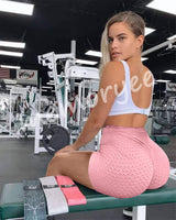 1 x Brand New Memoryee Women Honeycomb Ruched High Waist Yoga Shorts Gym Butt Lifting Warm Leggings Workout Tummy Control Running Tights Leather Pink L - RRP €22.8