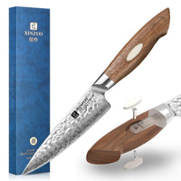 1 x RAW Customer Returns XINZUO AUS-10 Japanese steel 13cm utility knife, Damascus steel all-purpose knife hammered surface fruit knife kitchen, multifunctional paring knife chef vegetable knife - black walnut wooden handle - RRP €69.99