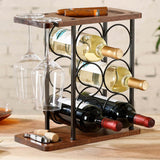 1 x RAW Customer Returns Wine Rack with Glass Holder, Tabletop Wine Holder with Tray, Freestanding Wooden Wine Rack, Perfect for Home Decoration Kitchen Storage Rack etc. Holds 6 Bottles and 2 Glasses  - RRP €42.99