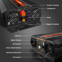 1 x RAW Customer Returns WZTO pure sine wave inverter 1000W 2000W car voltage converter DC 12V to AC 220V T V certified inverter car with controllable switch and USB port including car battery clips black - RRP €74.38