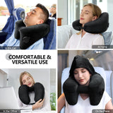 1 x RAW Customer Returns Sunany Neck Pillow Inflatable Travel Pillow Comfortably Supports Head, Neck and Chin, Airplane Pillow with Soft Velor Cover, Hat, Portable Drawstring Black  - RRP €28.99