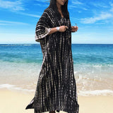 1 x RAW Customer Returns Baynetin Women s Long Beach Dress, Maxi Beach Dress Boho Kimono Long Beach Cardigan Beachwear, Beach Poncho Print Loose Kaftan Nightwear Bikini Cover-Up One Size Black  - RRP €23.18