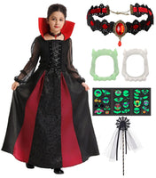 13 x Brand New FOVER Vampire Costume Girls Dracula Costume Children Royal Vampire Queen Cosplay Dress Halloween Carnival Theme Party Dress Up Outfit with Accessories Teeth Necklace Sticker FR032XL - RRP €272.87