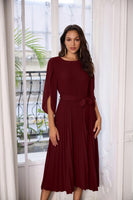 1 x RAW Customer Returns Women s Pleated Midi Dress Elegant Cocktail Dress Casual A-Line Dress Pleated Skirt with Belt M Wine Red CLK034A23-02 - RRP €49.99