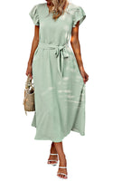 1 x RAW Customer Returns Toplop Dresses Women Long Round Neck Summer Dress Boho Office Beach Dress Belt Wrap Dress Ruffles Short Sleeve Swing Maxi Dress Business Outfit with Button and Pocket 76Light Green XL - RRP €38.99