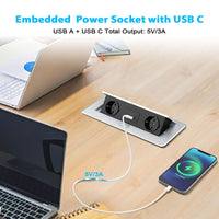 1 x RAW Customer Returns USB C Worktop Recessed Socket PD20W, Aluminum Electrical Power Strip 2 USB C Sockets, USB A Port, Retractable Socket Block for Worktop, Kitchen, Office 2500W 10A, 1.8M Cable - RRP €48.5