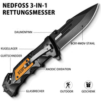 1 x RAW Customer Returns NedFoss DA75 rescue knife, 10CM folding knife with belt cutter glass breaker, pocket knife with liner lock ball bearing, one-hand knife for car, outdoor knife with clip in gift box, rescue knife - RRP €31.0