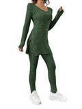 1 x RAW Customer Returns GORGLITTER Two-piece women s long-sleeved knitted leggings and T-shirt set, trouser suit, knitted suit, 2-piece set, autumn leisure suit, dark green M - RRP €31.25