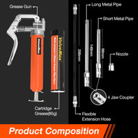 1 x RAW Customer Returns ValueMax Mini One-Hand Grease Gun with Flexible Hose, 3000psi Pistol Grip, Hand Grease Gun Lubrication Gun 100g, Incl. 85g Grease Pressure-Resistant Hose Mouthpiece 2 Metal Tubes Protective Cap - RRP €18.92