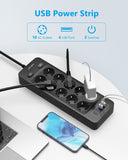 1 x RAW Customer Returns JSVER Power Strip with USB 3680W 16A, USB Power Strip with 10 Power Outlets and 4 USB Ports 5V3.1A 15.5W and Extension Socket Switch with 2m Cable for Home Travel-Black - RRP €27.17