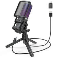 1 x RAW Customer Returns zealsound Gaming USB Microphone PC, for Streaming Podcast Studio, for PS4 PS5 Mac Mobile Phone, with Type-C Adapter, RGB Control, Mute Button, Tripod, Pop Filter Shockmount, Headphone Jack - RRP €40.4