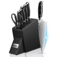 1 x RAW Customer Returns Knife block with knife, FOHERE 7-piece damask knife kitchen knife, Japanese damask steel VG-10, non-slip and triple riveted handle for damask kitchen knife set, black - RRP €129.99