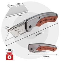 1 x RAW Customer Returns WORKPRO foldable utility knife, folding knife with wooden handle, carpet knife, cutter knife with belt clip and liner lock design, including 10 replacement blades - RRP €14.11